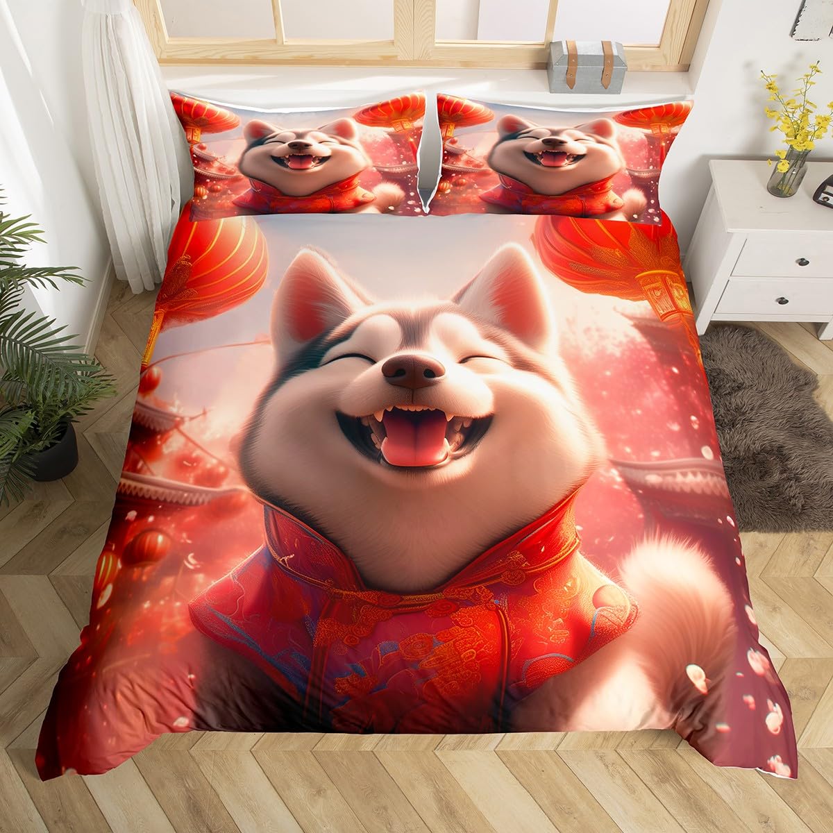 Kawaii Husky Duvet Cover Set King Size,Chinese Style Lantern Bedding Set,Boys Girls Room Decor,Cartoon Puppy Dog Cute Animal Rustic Comforter Cover,Red White,2 Pillowcases(No Comforter) — image 1