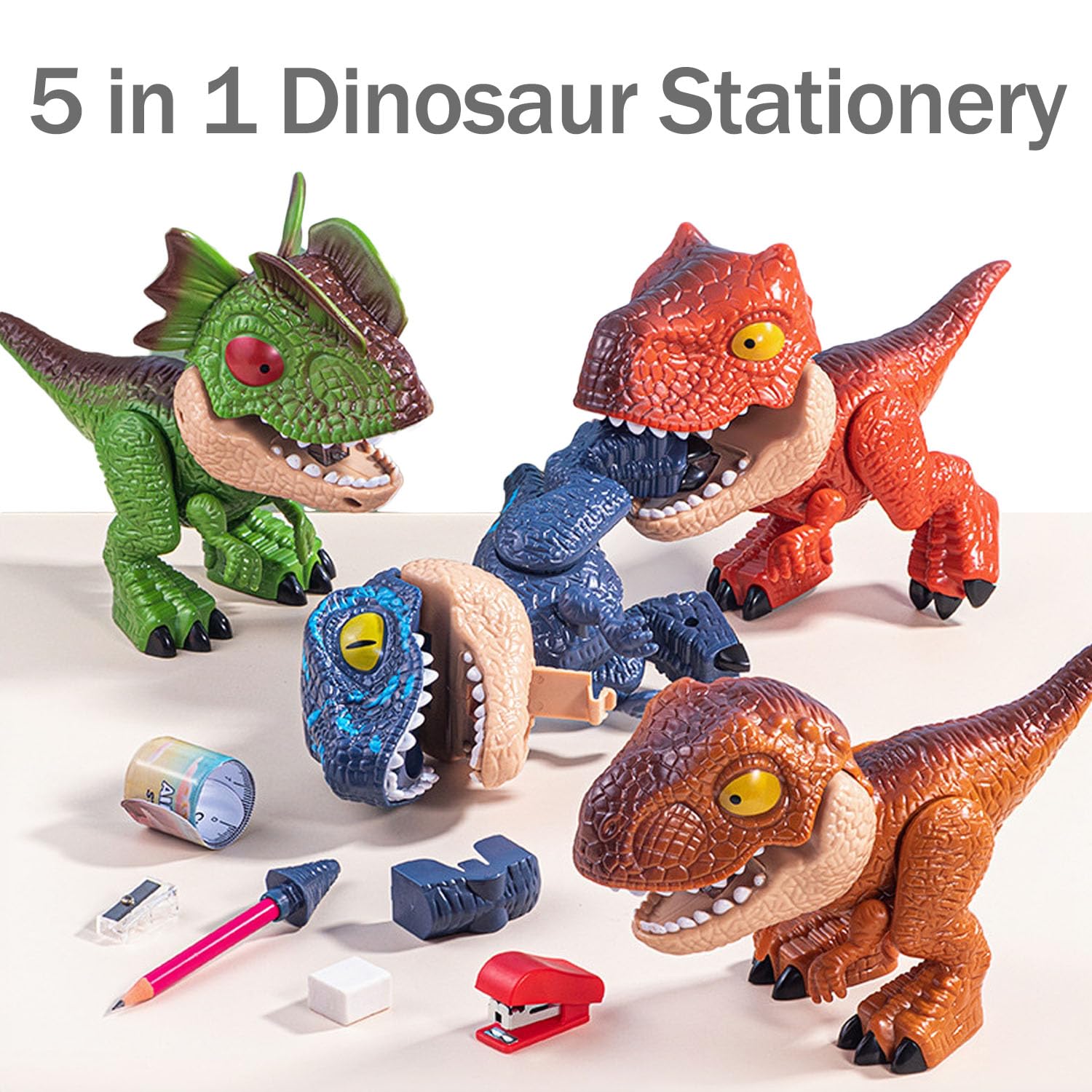 Temperamatite Dinosauro 5 In 1: Righello, Matita, Gomma E Rilegatrice – Giocattolo Cancelleria Per Bambini