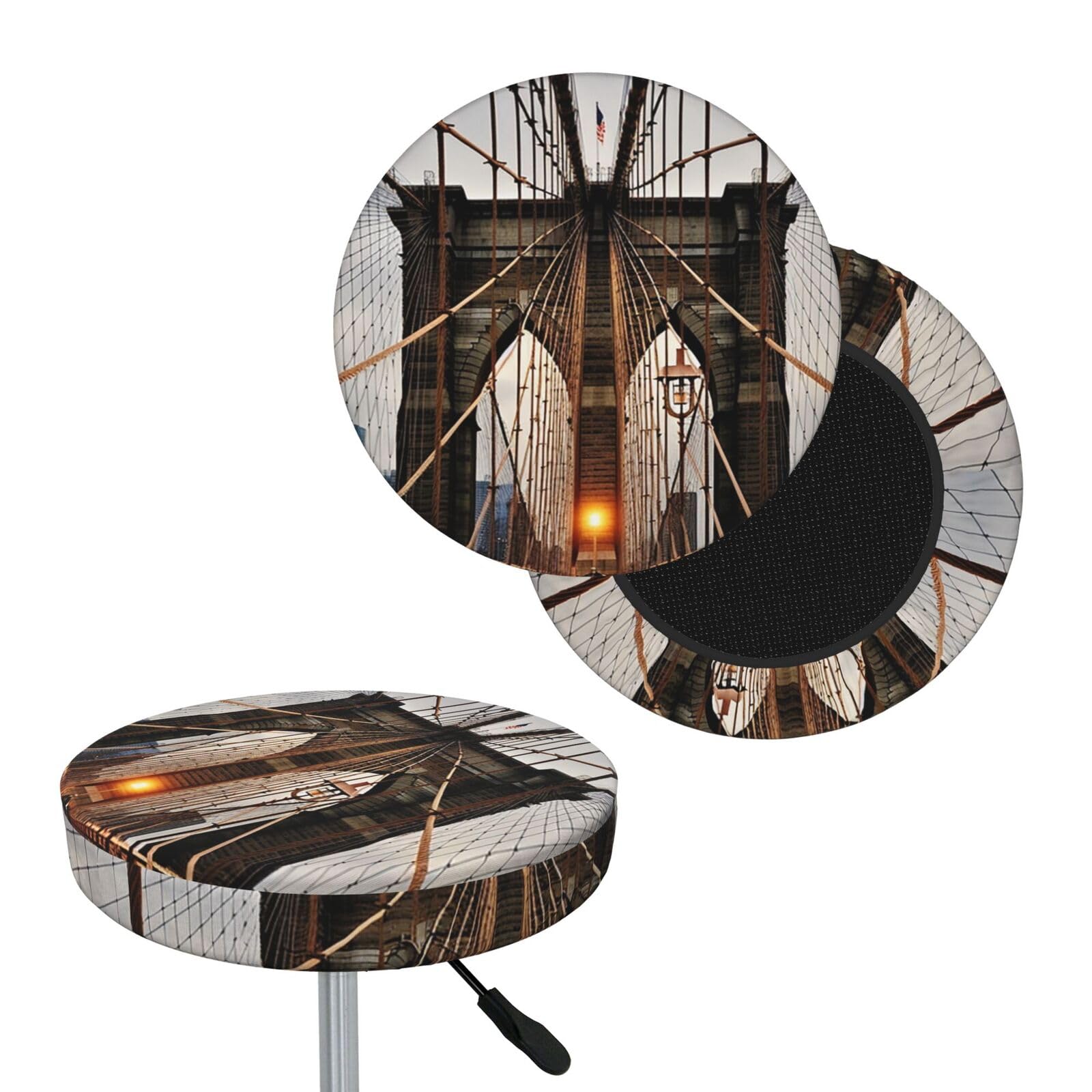 NONHAI Photo of Brooklyn Bridge Bar Stool Cover Round Elastic Stool Cushion Covers Dustproof Bar Chair Cover Washable Stool Cushion Slipcover Stretch Stool Seat Covers for 12-14 Inch Chair
