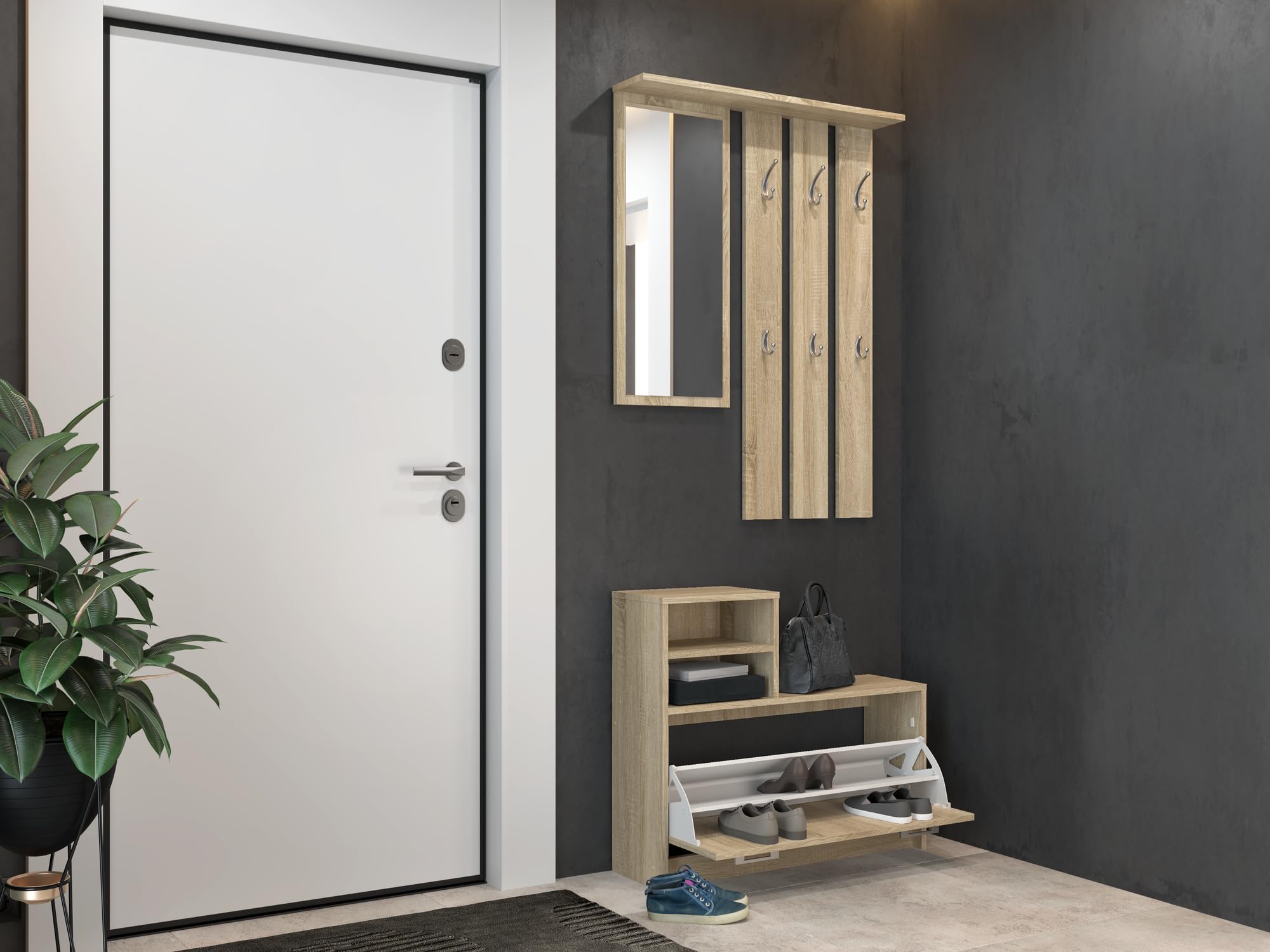 Oggi Armario de Entrada con Espejo 85x160x24 cm Perchas Zapatero Armario de Tablero Laminado de 16 mm Diseño Moderno Minimalista Moderno Roble Sonoma
