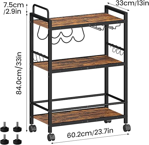 Miniatura 7 de Home Bar - Carrito de servicio con ruedas y asa, carrito de cocina rodante de 3 niveles, carrito de microondas, carrito de bebidas con soporte para