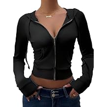 LOFAAC Women Zip Up Ribbed Knit Cropped Hoodie Sweatshirt Slim Fit Long Sleeve Drawstring Zipper Collar Hooded Jacket