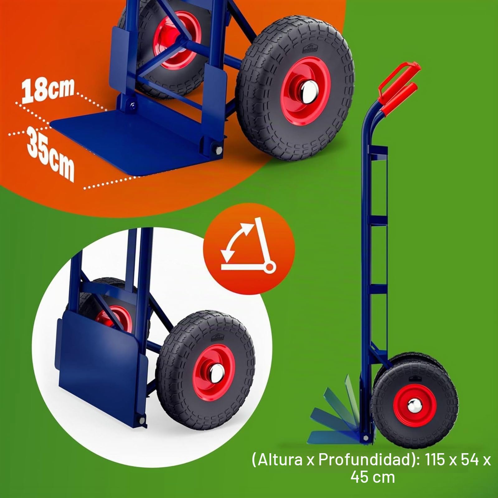 DASCK Carro de Carga 200 kg con Ruedas Neumáticas – Carretilla Industrial de Acero Reforzado con Plataforma 35x18 cm y Empuñaduras Ergonómicas Antideslizantes