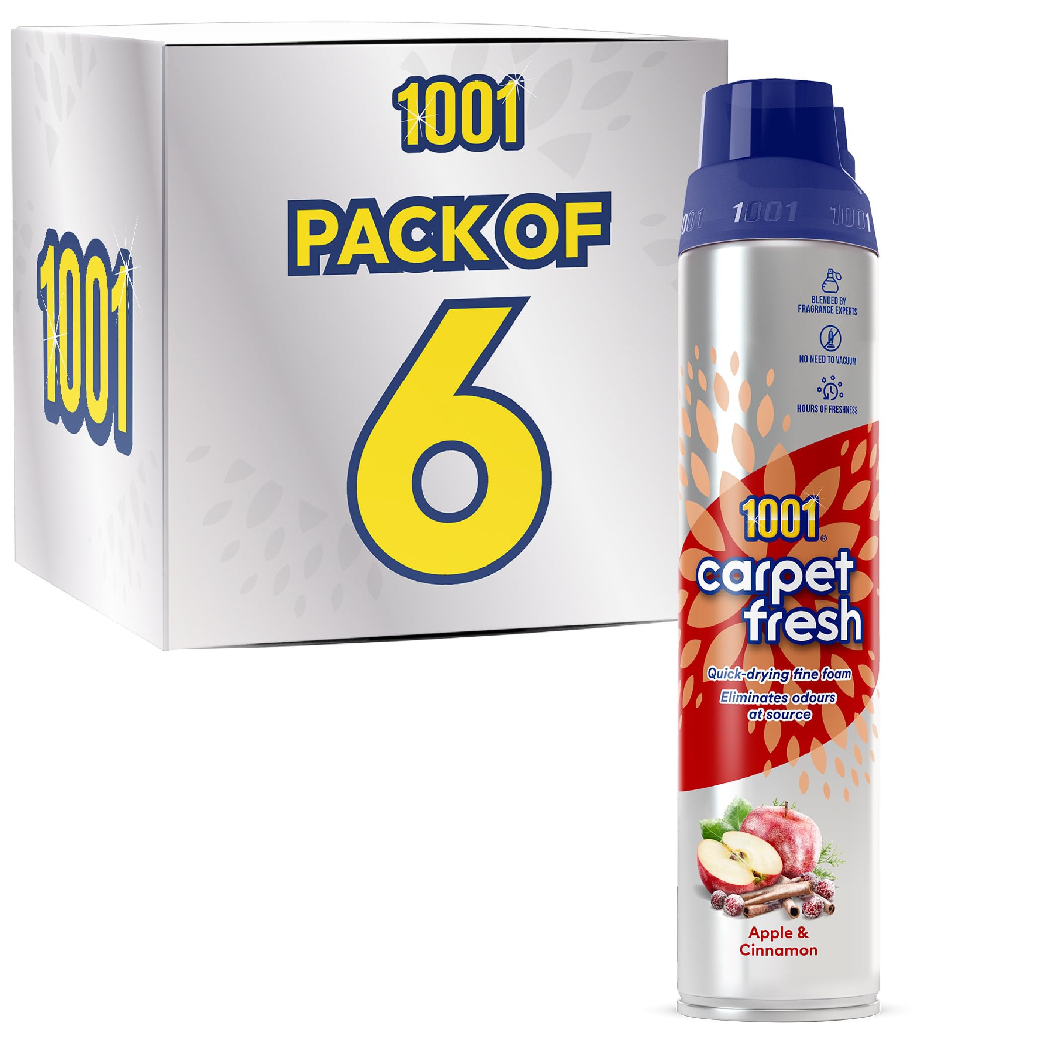 1001 Carpet Fresh Apple & Cinnamon 300ml x 6 • Warm Spiced Fragrance • Carpet Rug & Upholstery Freshening Foam • Quick Drying • No Vacuuming Required • Odour Eliminator • WoolSafe Approved