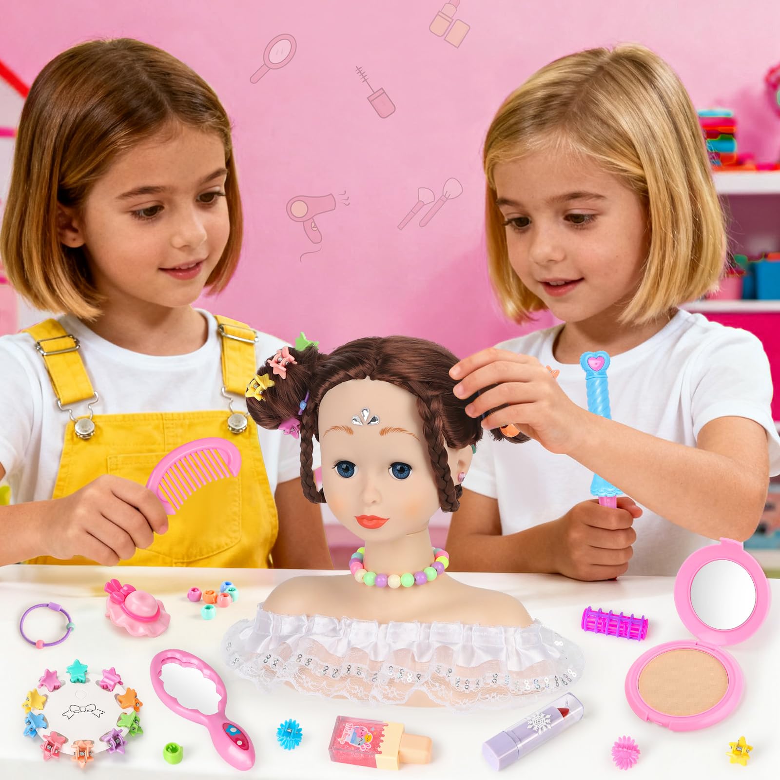 Testa Bambola da Truccare e Pettinare, 66 Pezzi Testa da Pettinare Bambina, Bambola da Truccare Regalo di Compleanno, Natale per Bambini a Partire Dai 3 Anni (Bianco)