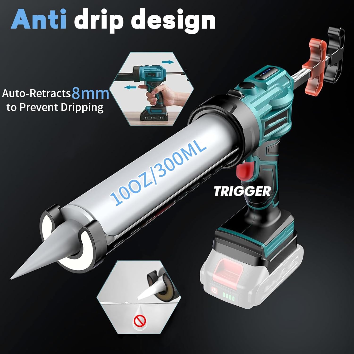 Electric Caulking Gun, 10 OZ Electric Caulk Gun with LED Light, 4 Adjustable Speeds, Auto Retract for Filling, Sealing (Battery Not Included)