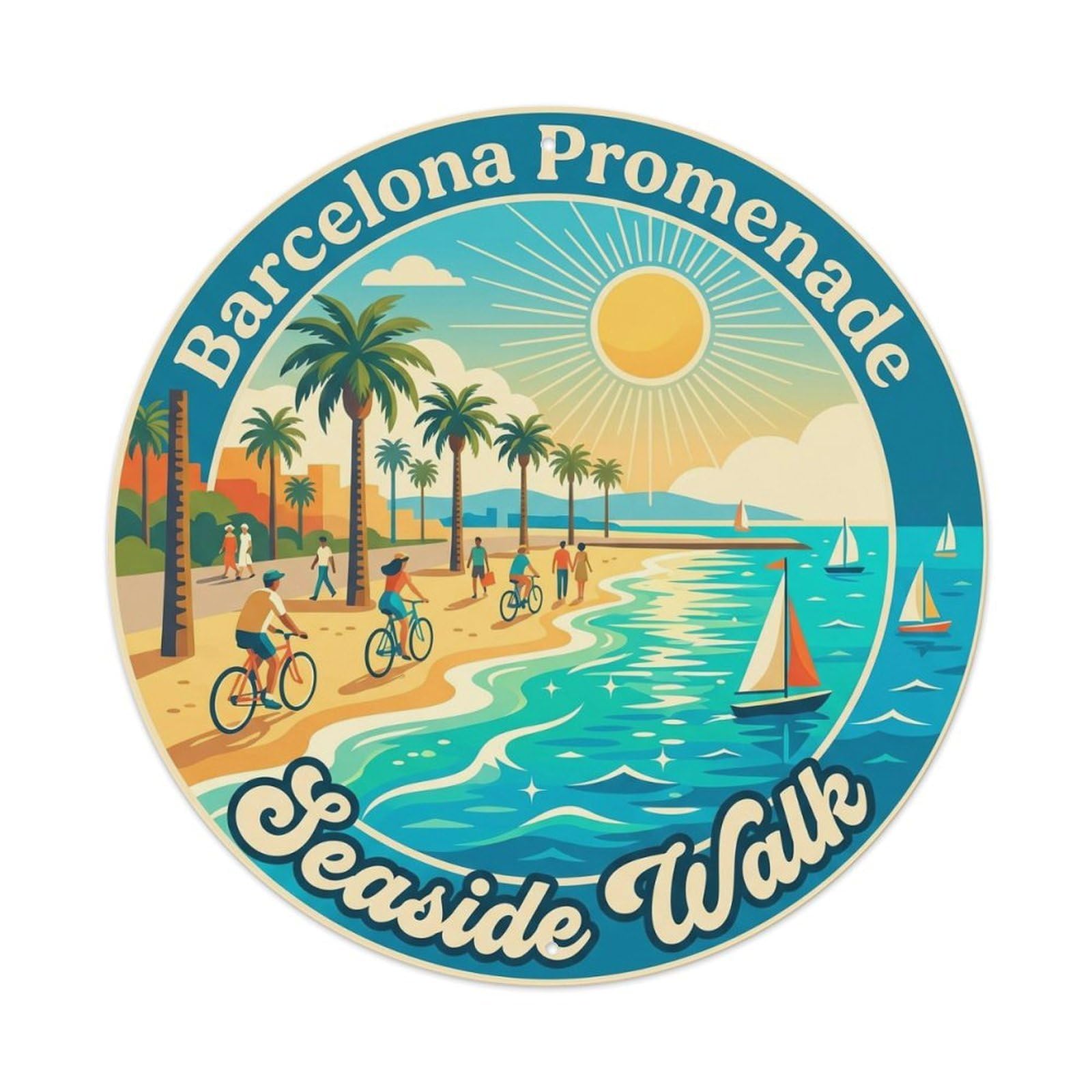 Vintage Travel Barcelona Promenade Mediterranean Scenic Metal Tin Sign Plaque Wall Decor for Cafe, Club, Garden Round Metal Poster 8x8Inch