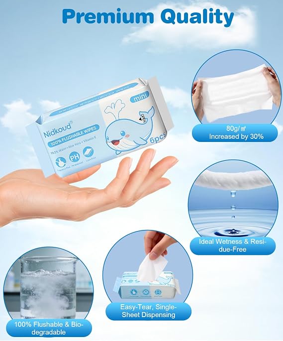 Mini Flushable Wipes Travel Size, 20 Pack (120 Wipes) 99.5% Water Wet Wipes Flushable Pack with Aloe Vera for Sensitive Skin, Unscented Pocket Wipes for Adults, Travel Cleaning Essentials