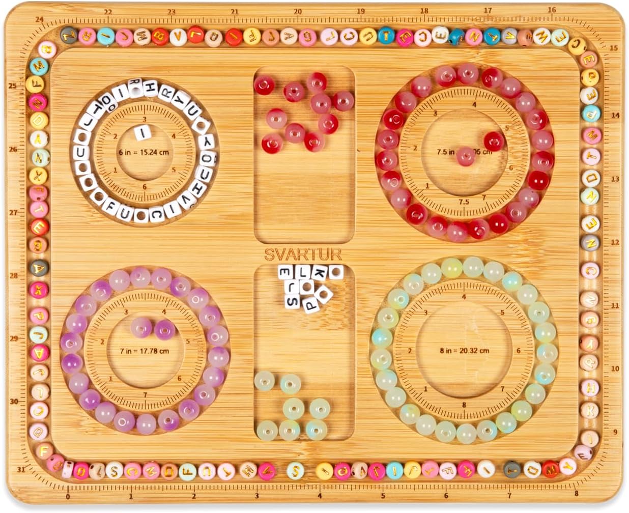 Svartur Small Bamboo Wood Beading Board for Bracelet Making 6"/ 7"/ 7.5"/ 8", Imperial Measurements Marked Bracelet Sizer Board for Jewelry Making, Anklets & Bracelet Design Board Wooden, 9.61" X 7.8" (9.61" X 7.8" X 0.39") Thumbnail