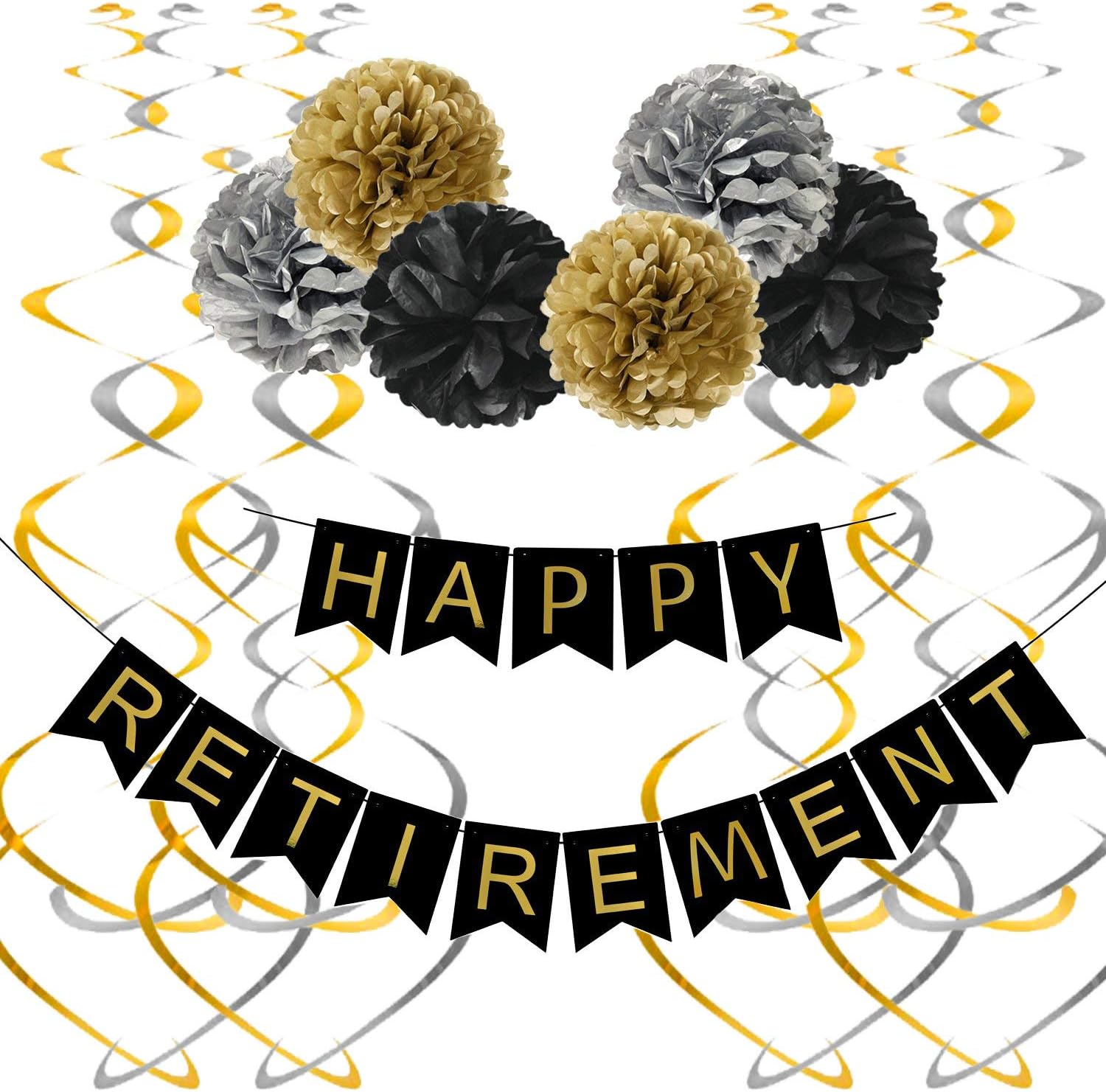 Famoby Happy Retirement Banner with Pom Poms Hanging Swirls Streamers Set for Retirement Party Decorations