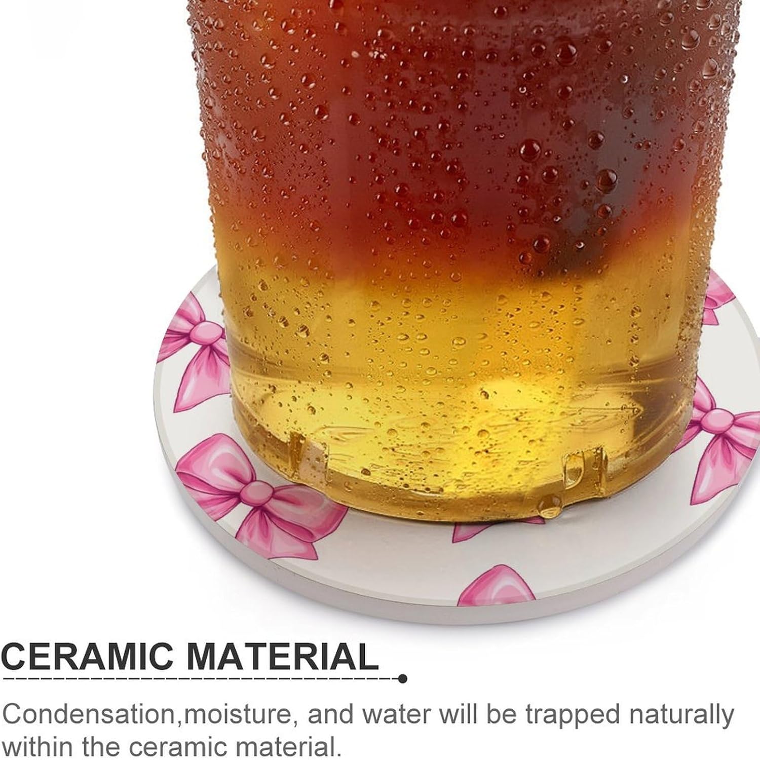 Bow Print Coasters for Drink Round Ceramic Coaster with Cork Base Home Decorative 6PCS