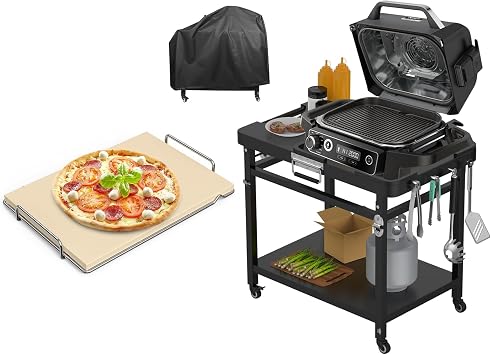 Grill Stand and Pizza Stone with Grill Rack for Ninja Woodfire Outdoor Smoker XL OG800 OG900 Series Grills Accessories, Rectangle Pizza Baking Stone and Pizza Oven Accessories with Wheels & Cover
