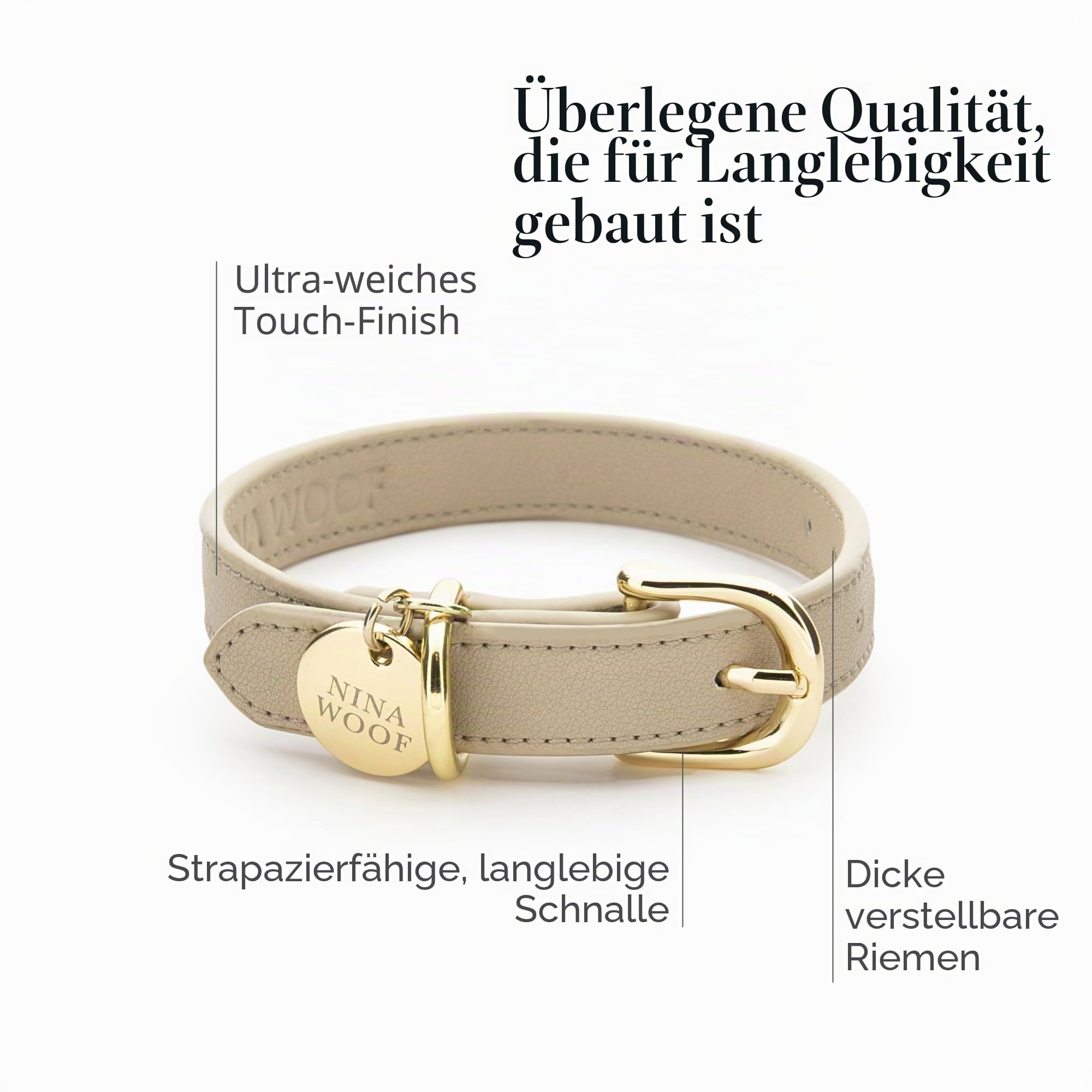 Nina Woof Copenhagen Hundehalsband aus veganem Leder, gepolstert, verstellbar, Beige, Größe XS