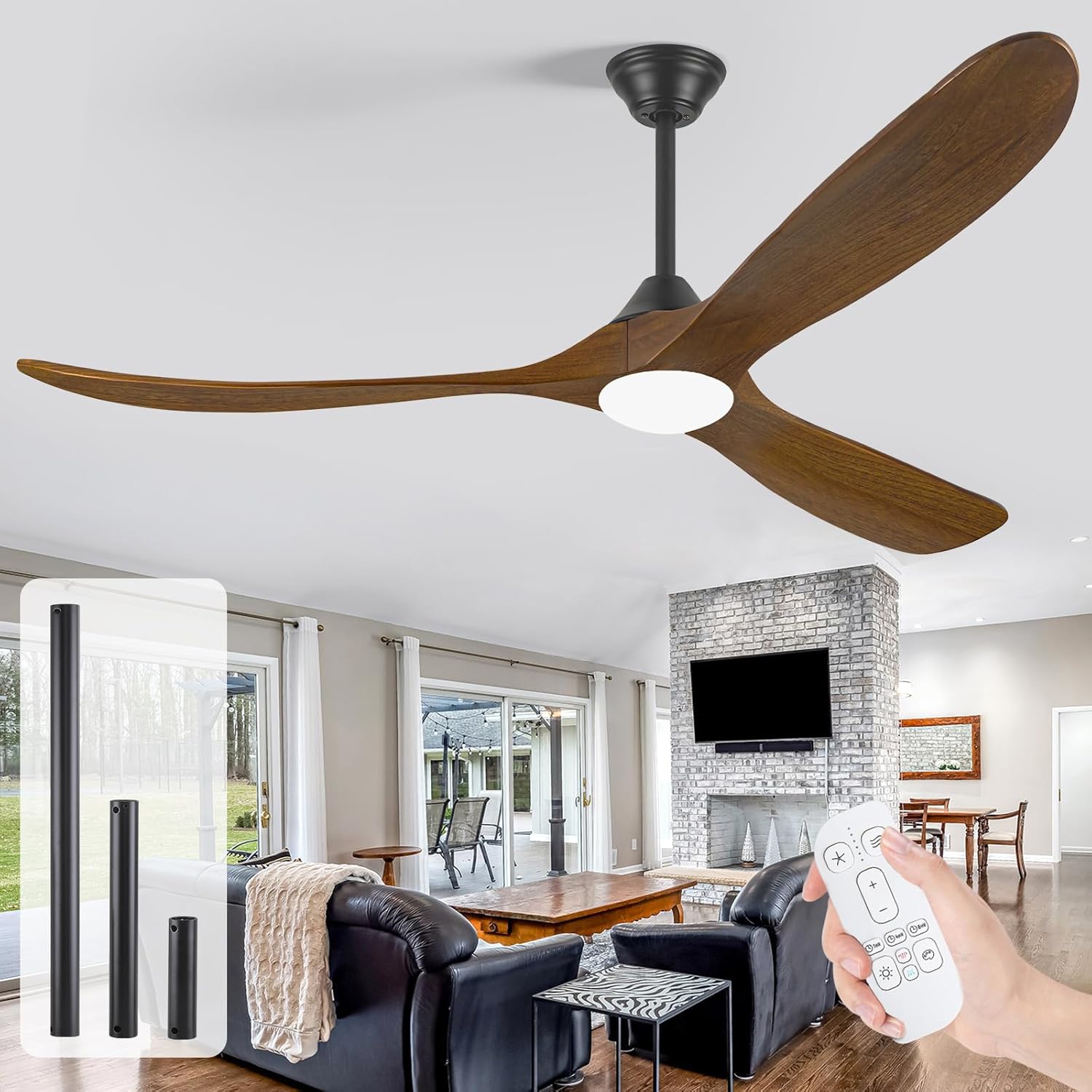 60 Inch Outdoor Ceiling Fan with Light, Wood Ceiling Fan for Patio & Indoor Use, Farmhouse & Modern Style, Quiet DC Motor, 3 Color Temps, Dimmable, Damp-Rated – Includes Remote & 3 Downrods