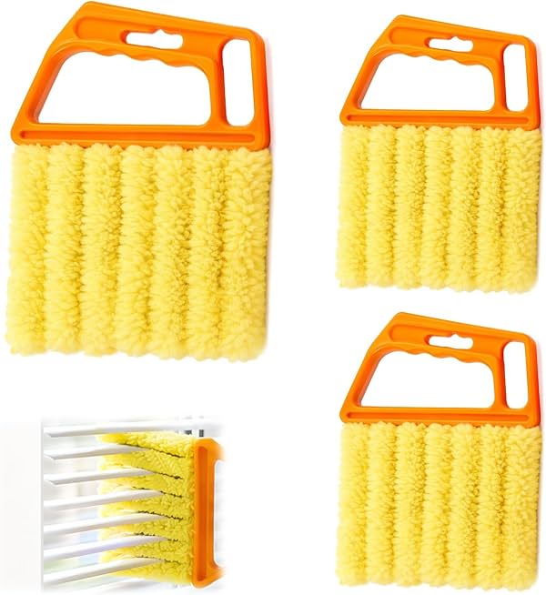 Paquete de 3 herramientas limpiadoras de persianas, plumero de microfibra lavable de 7 dedos para múltiples lamas, cepillo mini para persianas venecianas, rejillas de aire y ventiladores, naranja