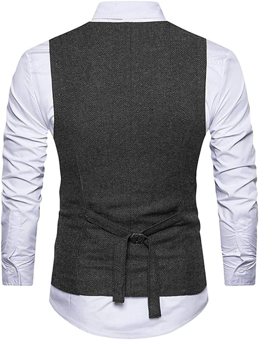 Mens Vests Herringbone Suit Vest Slim Fit V-Neck Waistcoat Business Vest Wedding