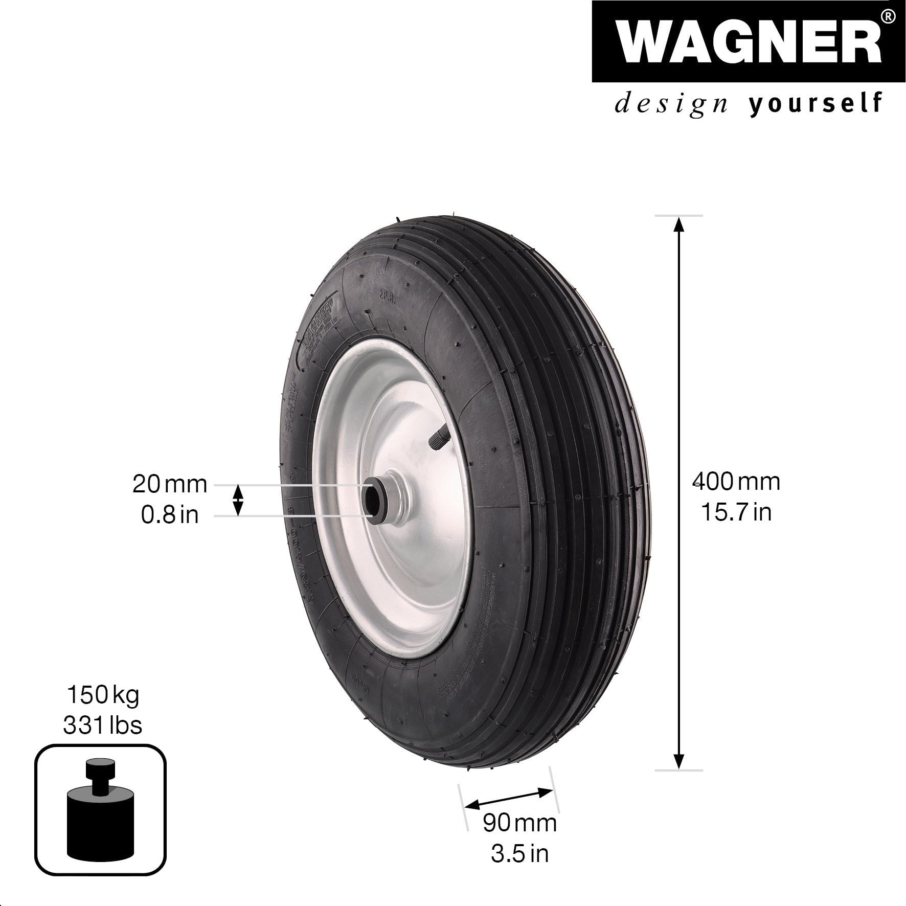 WAGNER Schubkarrenrad - LUFTBEREIFT - Durchmesser Ø Rad 400 x 90 mm, Achsloch 20 mm, Stahlblechfelge, PAK geprüft, Tragkraft 150 kg - 04940001