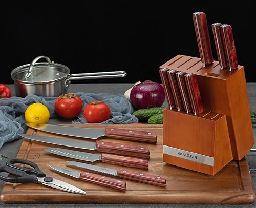 Miniatura 9 de WELLSTAR - Bloque de cuchillos de cocina con 14 ranuras, soporte para cuchillos de madera natural sin cuchillos, almacenamiento de cuchillos de