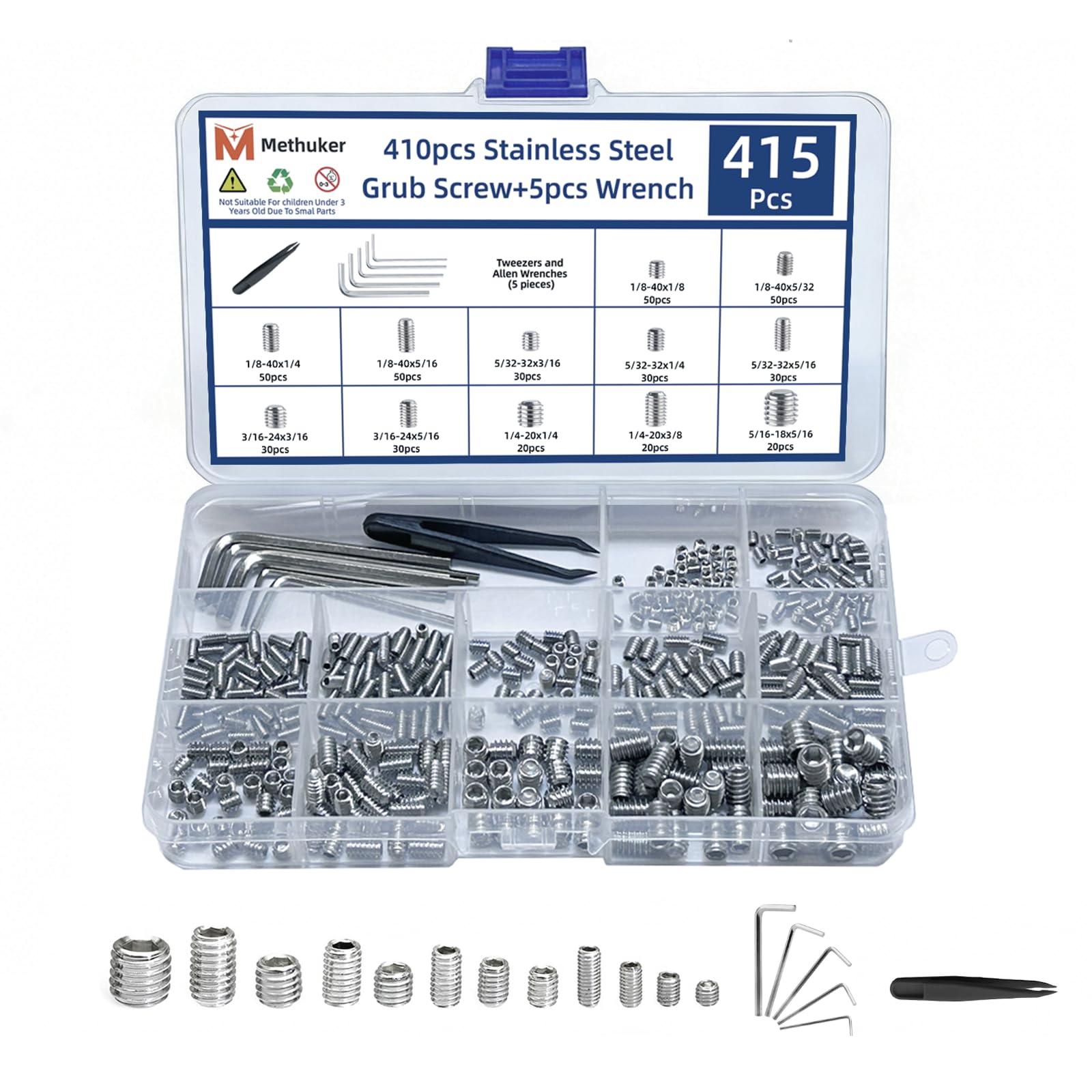 Photo 1 of 415 Pcs Socket Head Screws British Set Screw Assortment Kit (1/8"-40 to 5/16"-18), Head Grub Screw with 5 Hex Wrenches and Tweezers,for Door Handles, Bathroom Fixture