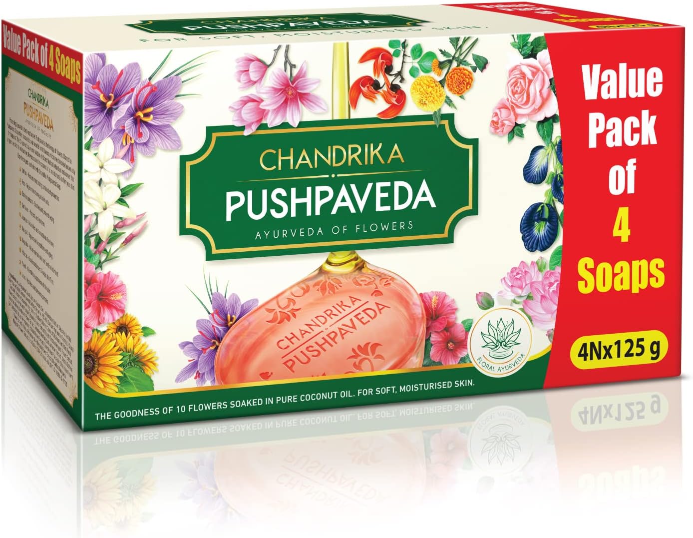 Chandrika Pushpaveda Ayurvedic Soap| Ayurveda of Flowers for Soft, Moisturized Skin| 125g (Pack of 4)