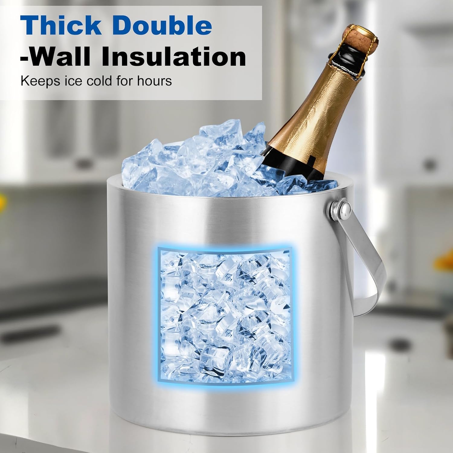 3L Stainless Steel Ice Bucket – Double-Wall Insulated Cooler Keeps Ice Frozen Longer for Wine, Champagne & Beer,Includes Lid, Handle, Tong & Scoop