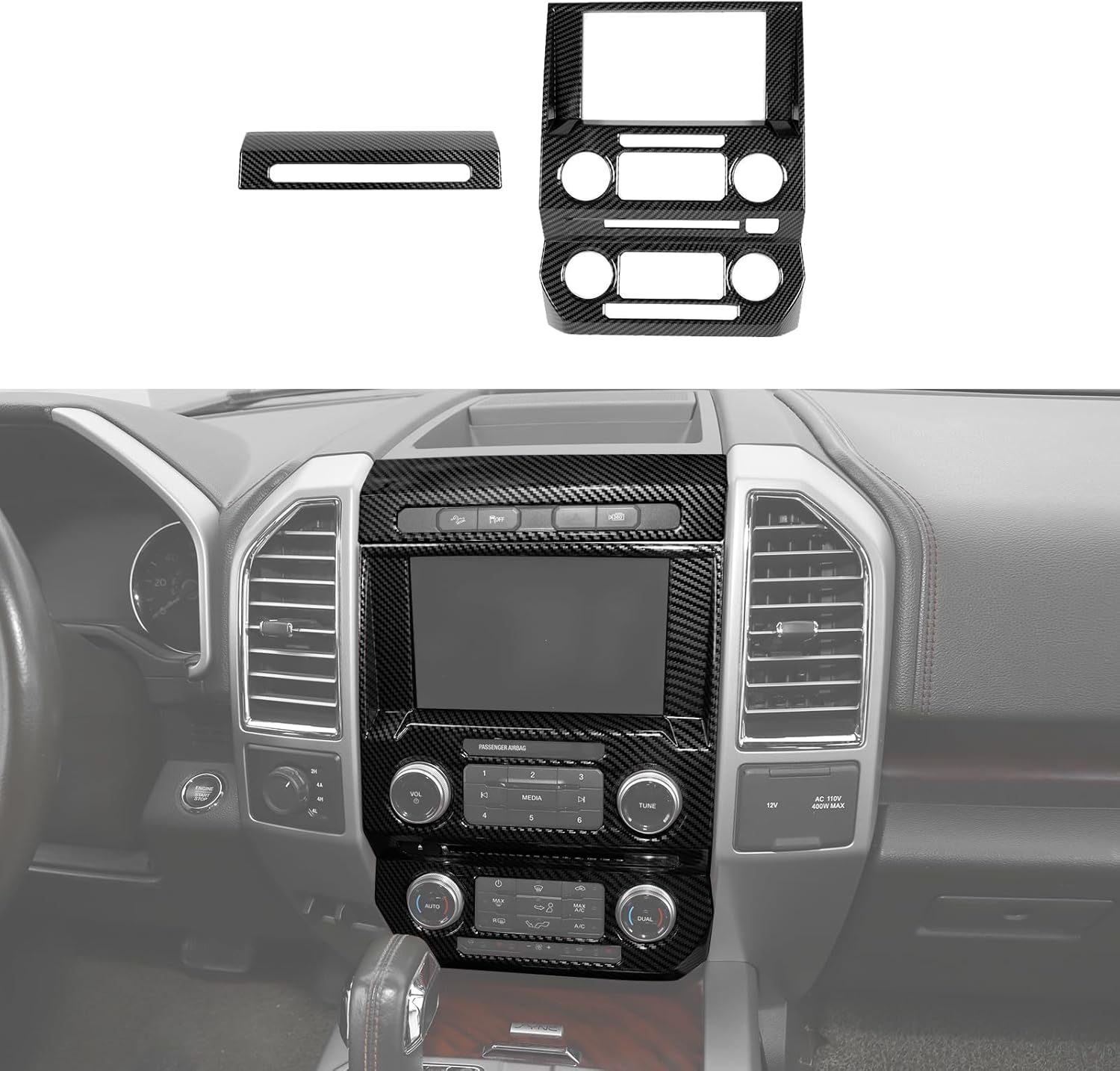 CheroCar Black Carbon Fiber Central Control Navigation & Emergency Light Control Panel Trim Cover Kit Fit for Ford F150 2015-2020 Hazard Light Switch & GPS Screen Surround Decorative Bezels