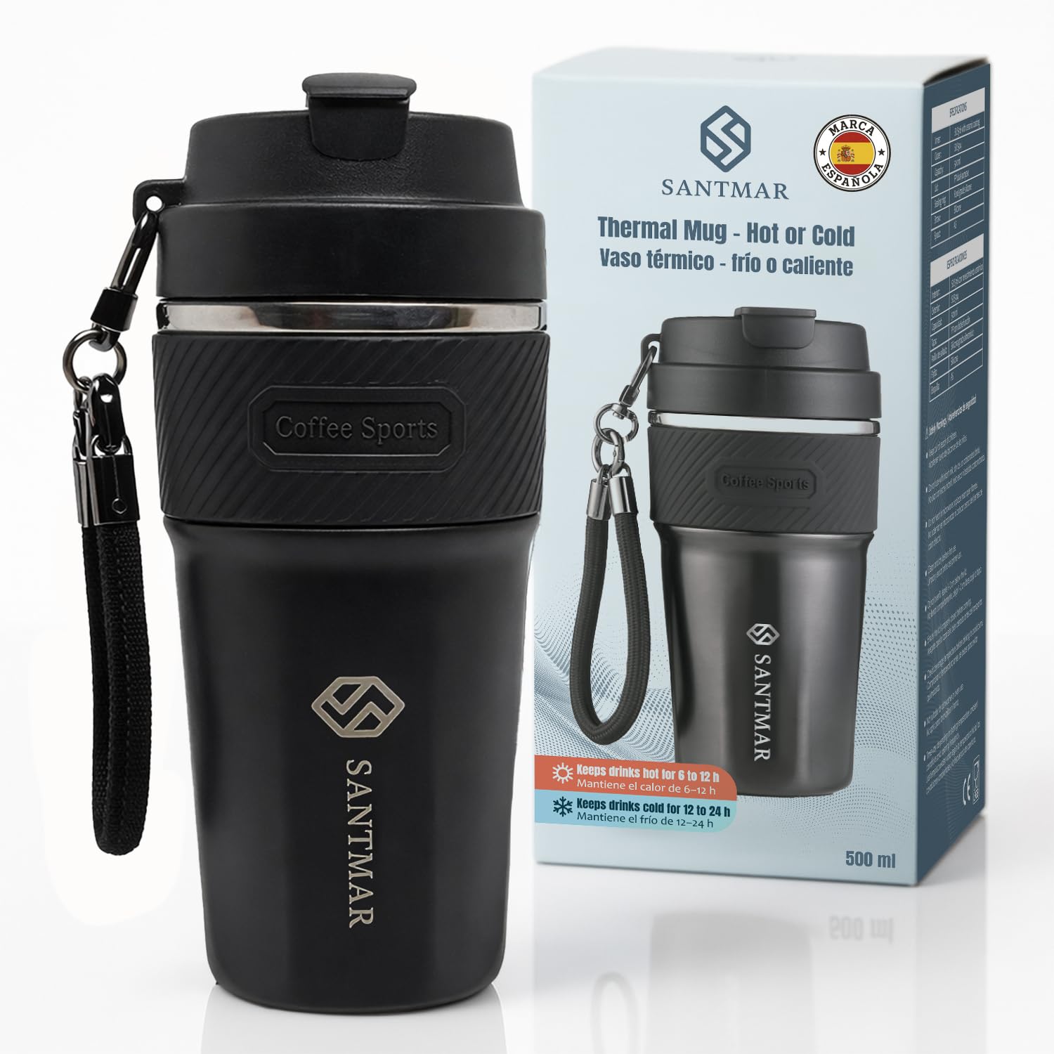 Gobelet isotherme pour café chaud et froid, 500 ml, acier inoxydable avec revêtement en céramique, double paroi sous vide, sangle de transport et 2 façons de boire