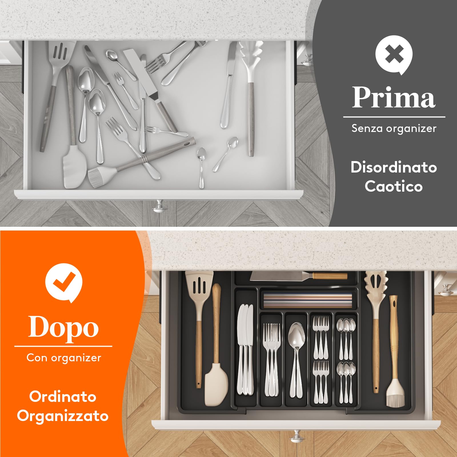 Lifewit Portaposate da Cassetto, Vassoio Espandibile Porta Posate per Cucina da Cassetto, Portaposate Regolabile in Plastica per Utensili, Cucchiai, Forchette e Coltelli, Grande, Nero