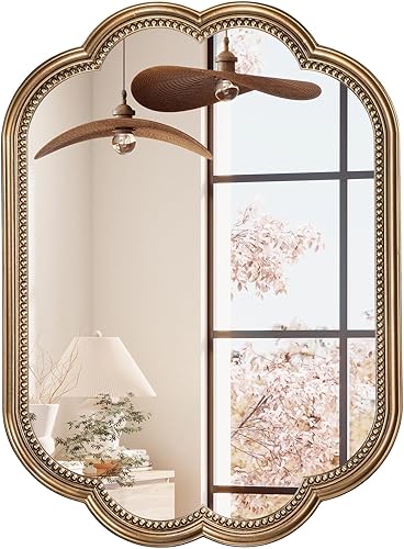 Miniatura 10 de Espejo festoneado para baño, espejo de latón antiguo de 23 x 42 pulgadas, espejos vintage festoneados dorados con marco de cuentas para sobre el