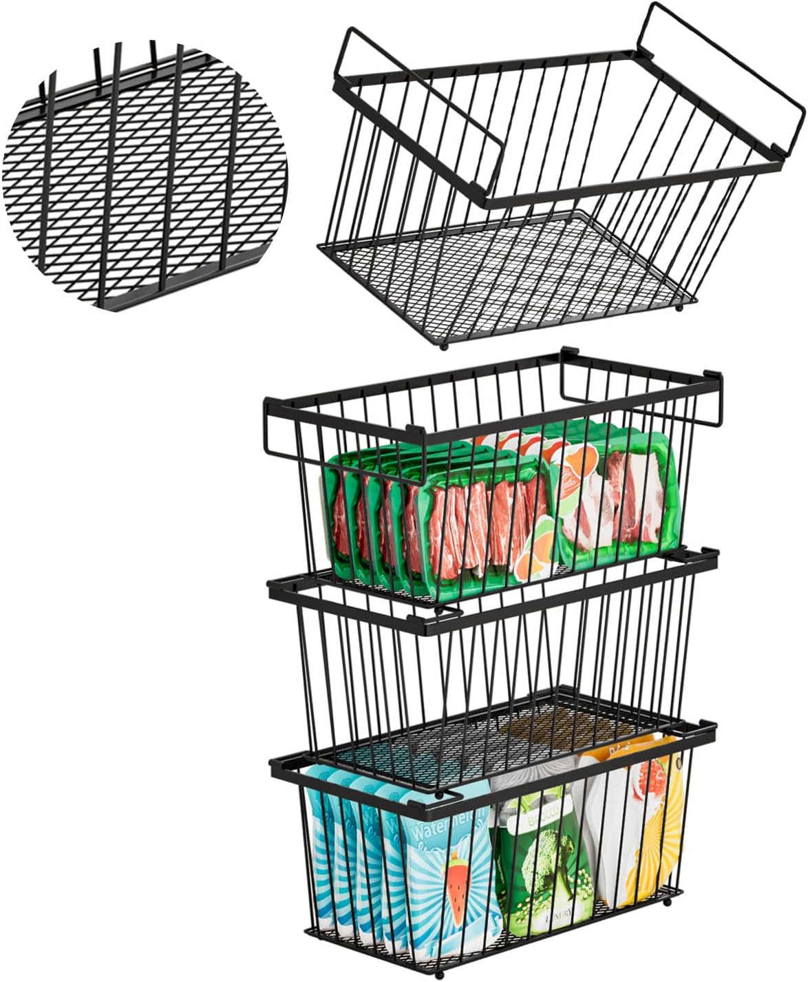 Freezer Organizer Bins，Upgraded Bottom Leak-Proof net，4 Pack，Encryption and Hardening ，Deep Freezer Organizer Bins for 7 Cu.FT Small Chest Freezer， Easy Get Bottom Foods