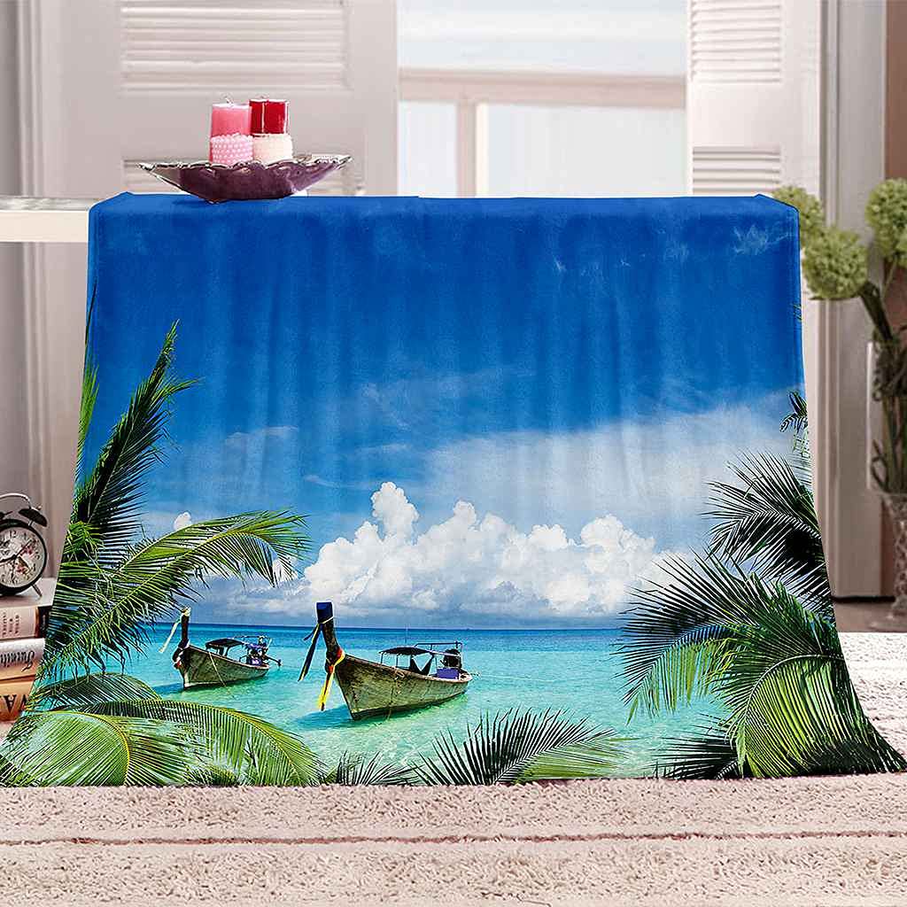 Couverture Polaire en Flanelle Bleue Impression 3D Bateau de Pêche Chaude 150x200cm