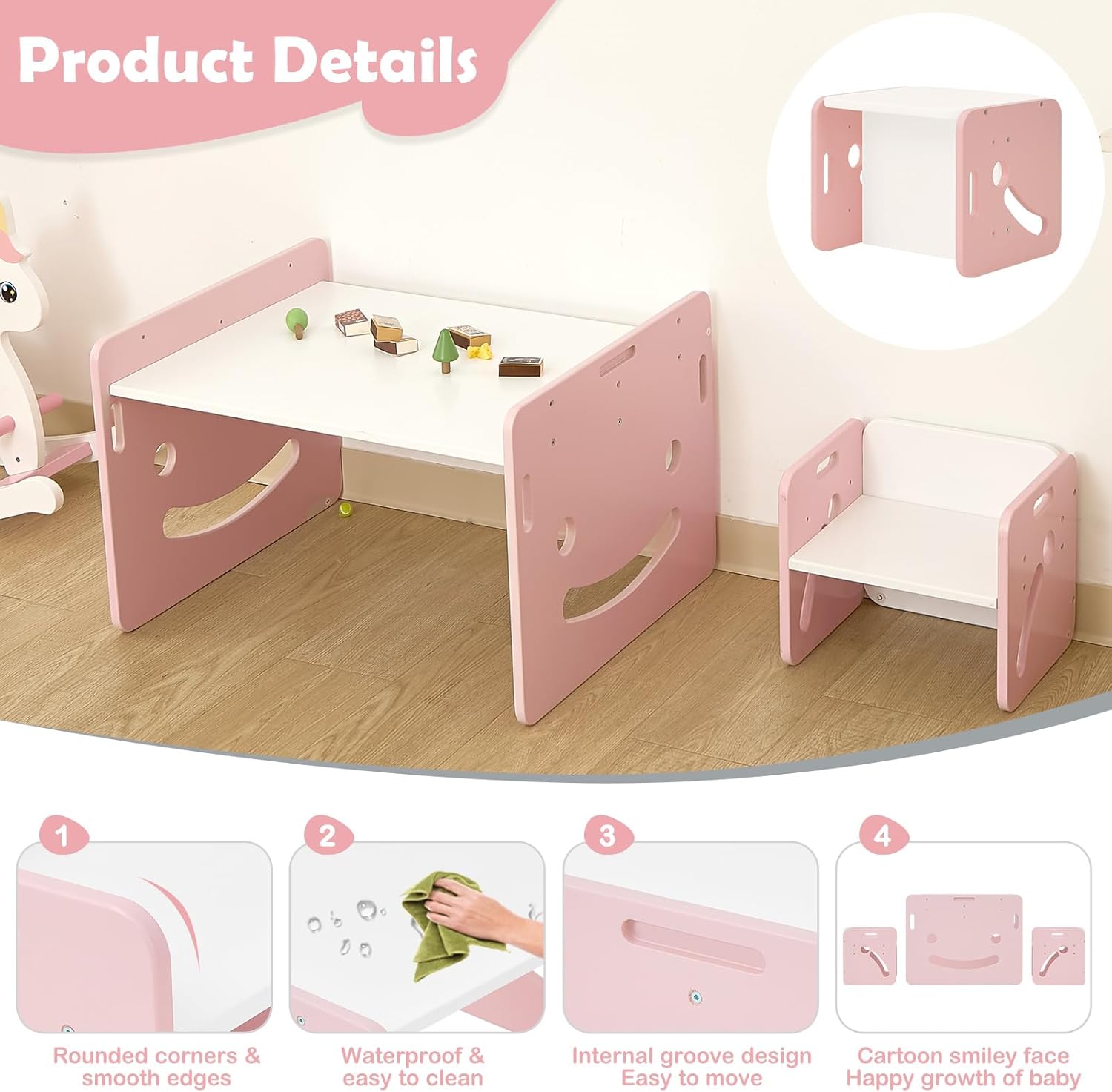 FUNLIO Height Adjustable Montessori Weaning Table and Chair Set for Age 1-3, Quality Solid Wood Toddler Table and 2 Chairs, Kids Table and Chairs for Reading/Eating/Playing,CPC Certified - Pink