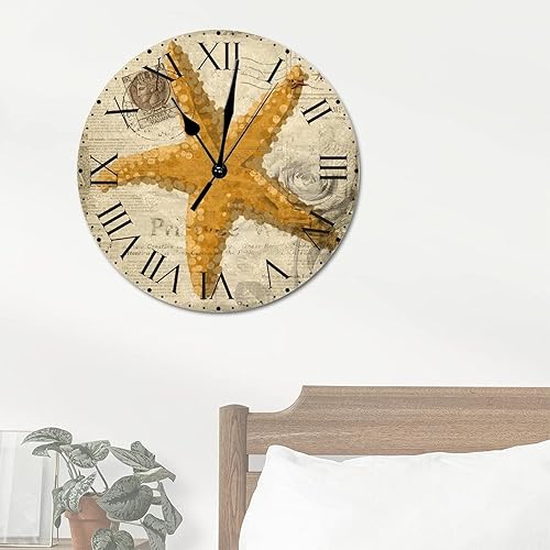 Miniatura 251 de ArogGeld Reloj de pared con diseño de estrella de mar antigua francesa, de cloruro de polivinilo, con números romanos, de 10 pulgadas, funciona