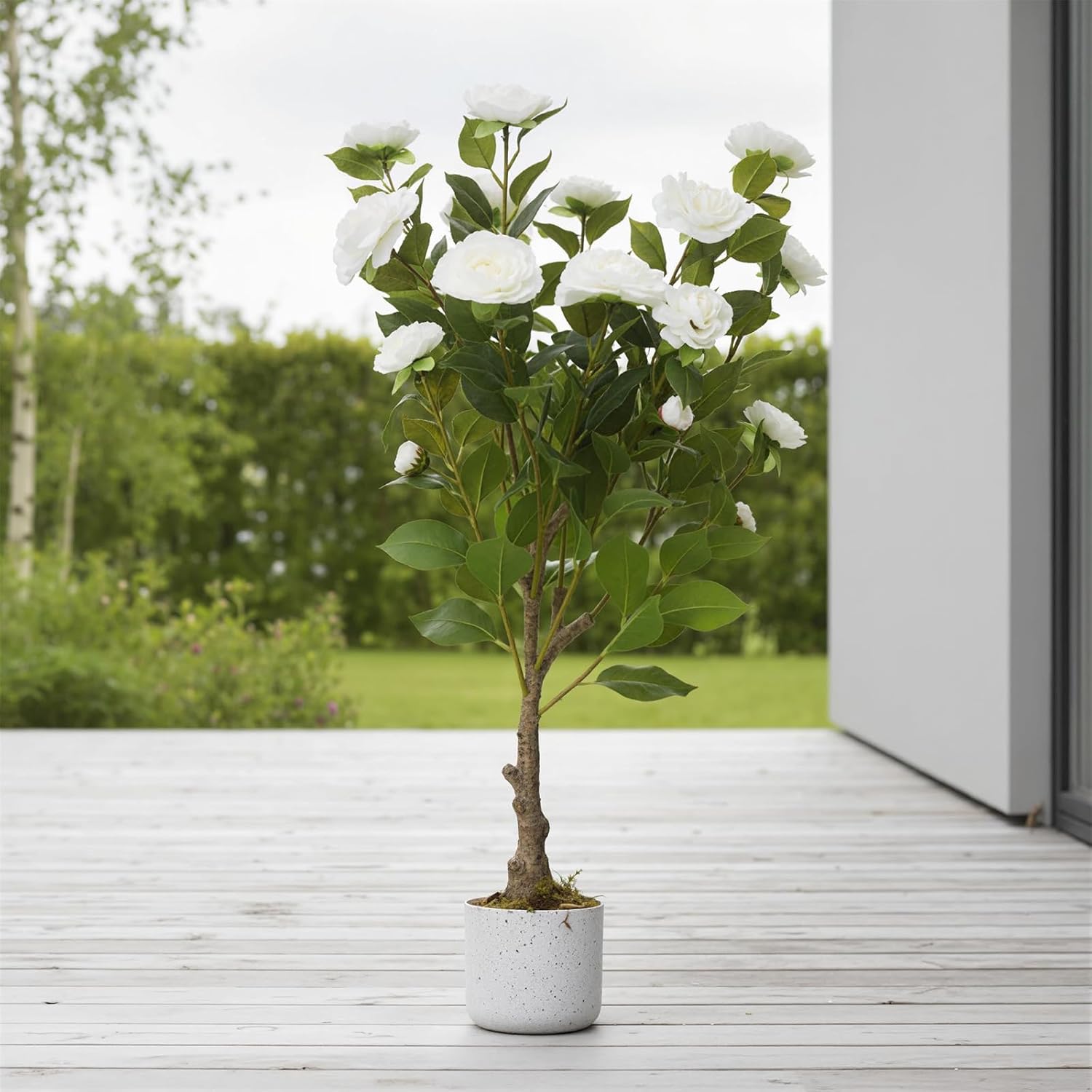 GAOMON Artificial Camellia Tree,33.5inch/2.8FT Realistic Camellia Plants in Pot with Flowers Fake Artificial Tree for Indoor and Outdoor,Wedding Decoration,White