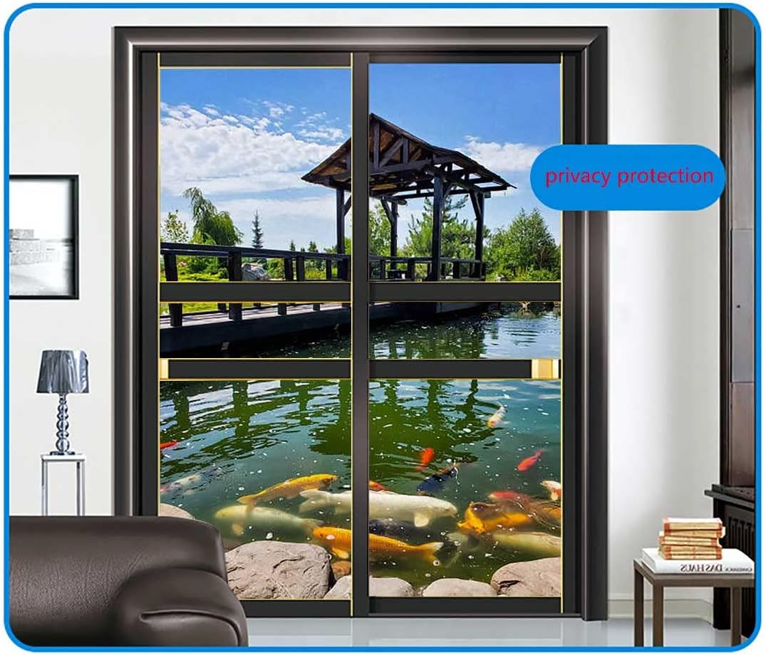 Static Cling Window Film , Stained Glass Door Film Privacy Window Tints, Anti-UV/No Glue for Home Office Decoration, Reflections On Water View Blue Green 17.7Wx47.2L-inch x2 Pcs