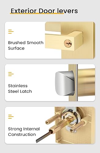 Miniatura 5 de goldenwarm Keyed Alike - Manija de puerta dorada con cerrojo, juego de cerraduras cuadradas de oro cepillado contemporáneo con cerrojo de seguridad,