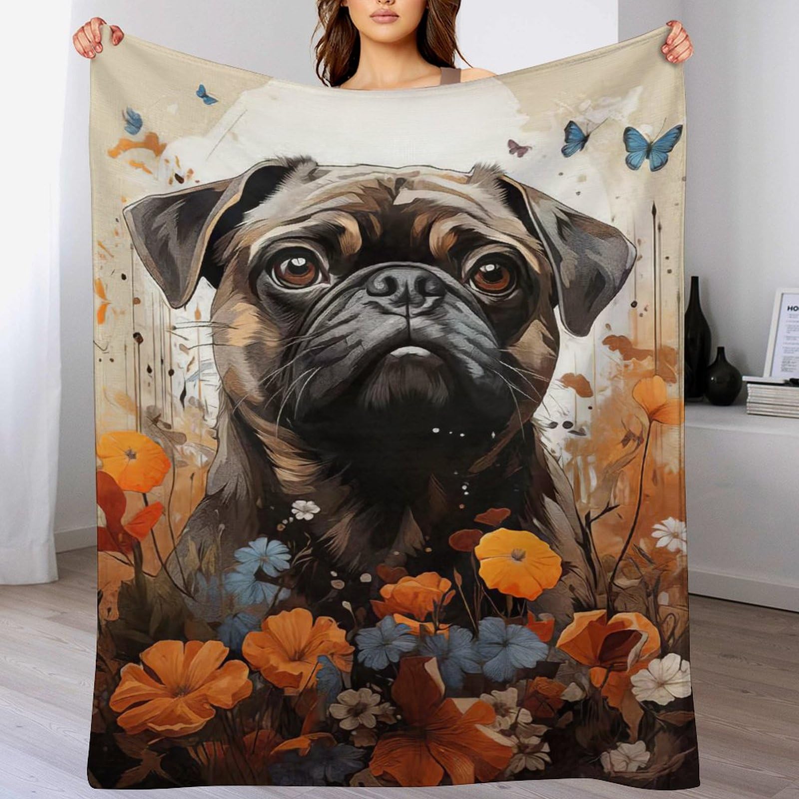 Couverture polaire pug pour canapé, plaid flanelle 180x200cm