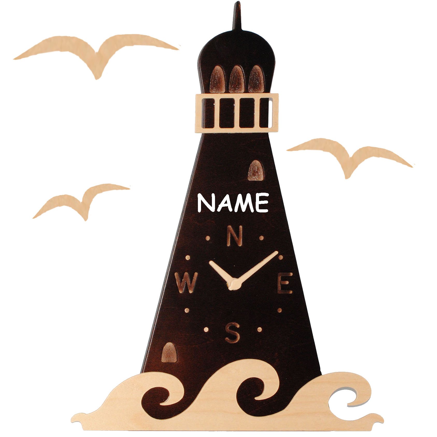 XL 3-D Effekt__ Design Wanduhr - Uhr aus Holz - Leuchtturm - braun/Hellbraun - incl. Name - 49 cm groß - sehr leise ! - für Wohnzimmer & Kinderzimmer..