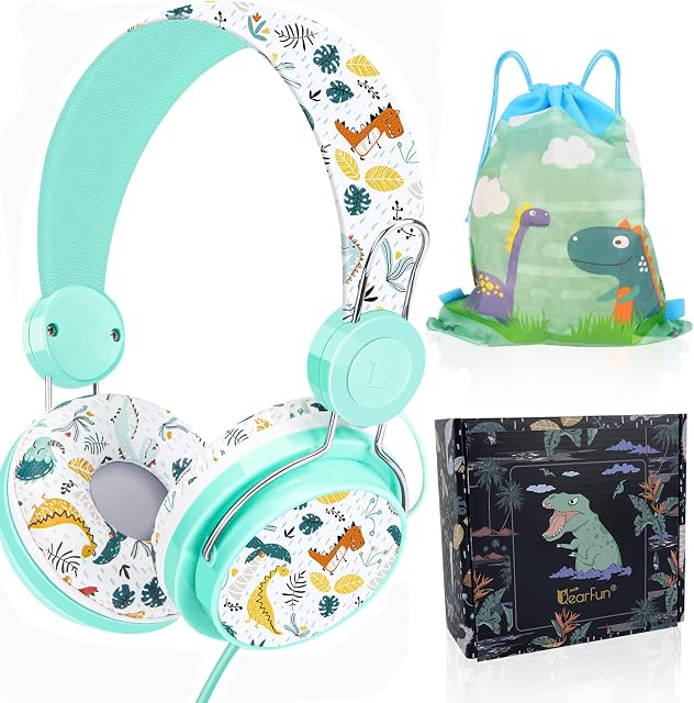 Kids Dinosaur Headphones, Cute Childrens Headphones Wired for School Boys with Microphone and 85dB Volume Limit, Adjustable Toddler headphone Over-ear Girls, Headphone for iPad/Kindle/Fire Tablet
