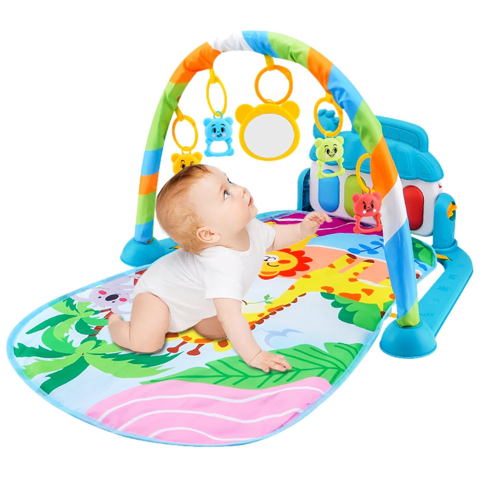 Baby Play Mat, Baby Piano Gym with Music and Lights, Thicken Ba-by Gym Play Ma-t for Age 3+, Activity Mat for Babies with 5 Senses Toys