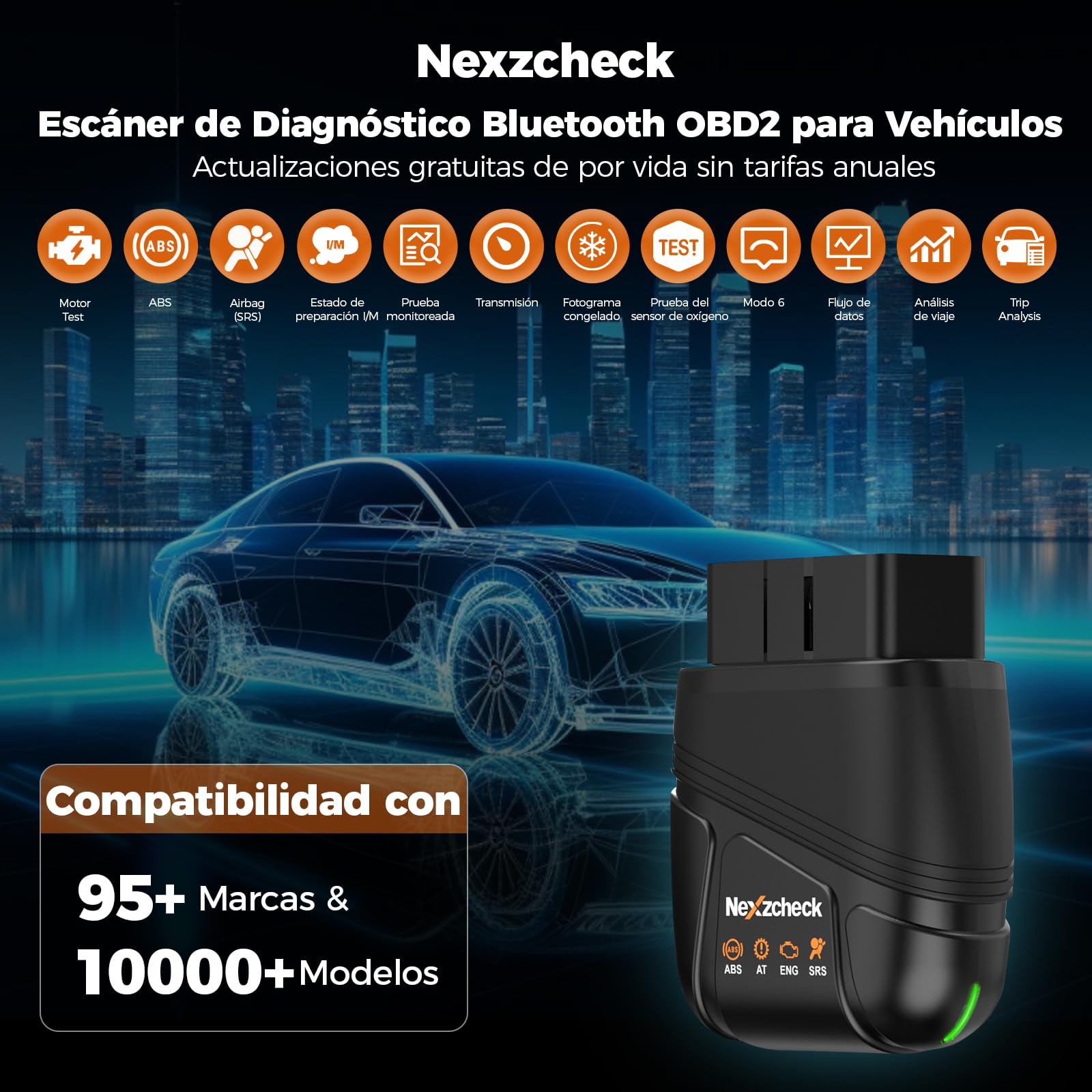 OBD2 Bluetooth Diagnosis Coche Multimarca: Escáner OBDII Diagnosis Bluetooth para Motor/AT/ABS/Airbag - Compatible iOS Android - Análisis Completo del Sistema y Actualizaciones Gratuitas de por Vida