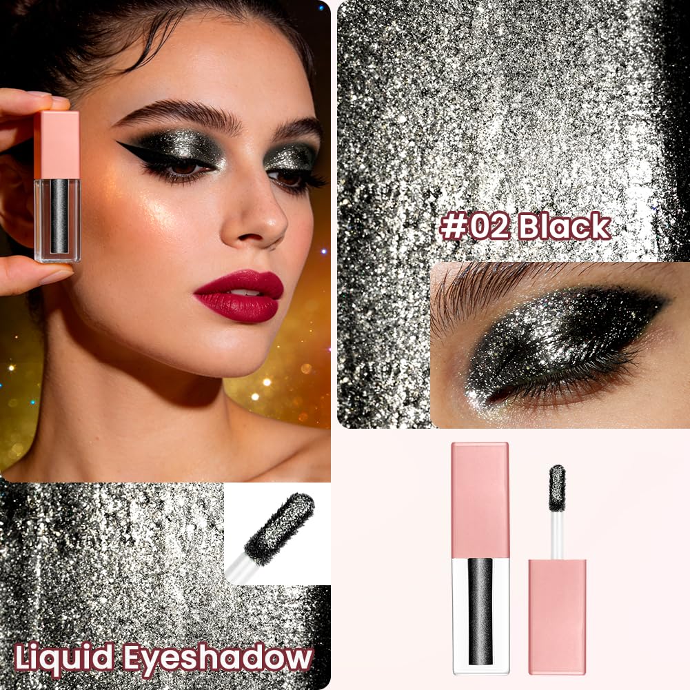 Sombra de Ojos liquida, Sombra de Ojos Liquida Negra, Eyeshadow Perlada Brillante, Somb-ra de Ojo-s Líqui-da Pigmentada Maquillaje, Resistente Agua, para Todos Los Tonos Piel, Negra — view 2