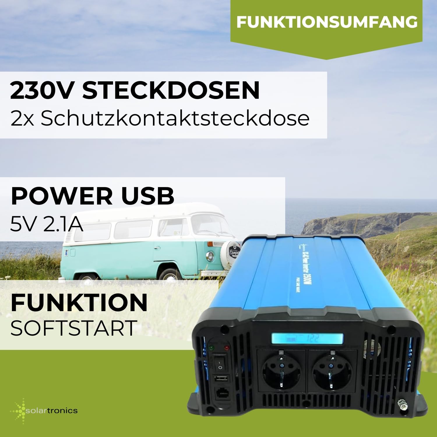 SOLARTRONICS FS2500 12V przetwornica napięcia 12 V 230 V czysty Sinus 2500 W - 5000 W Moc szczytowa - Przetwornik prądu 12V na 230 V z gniazdem Schuko i pilotem zdalnego sterowania USB