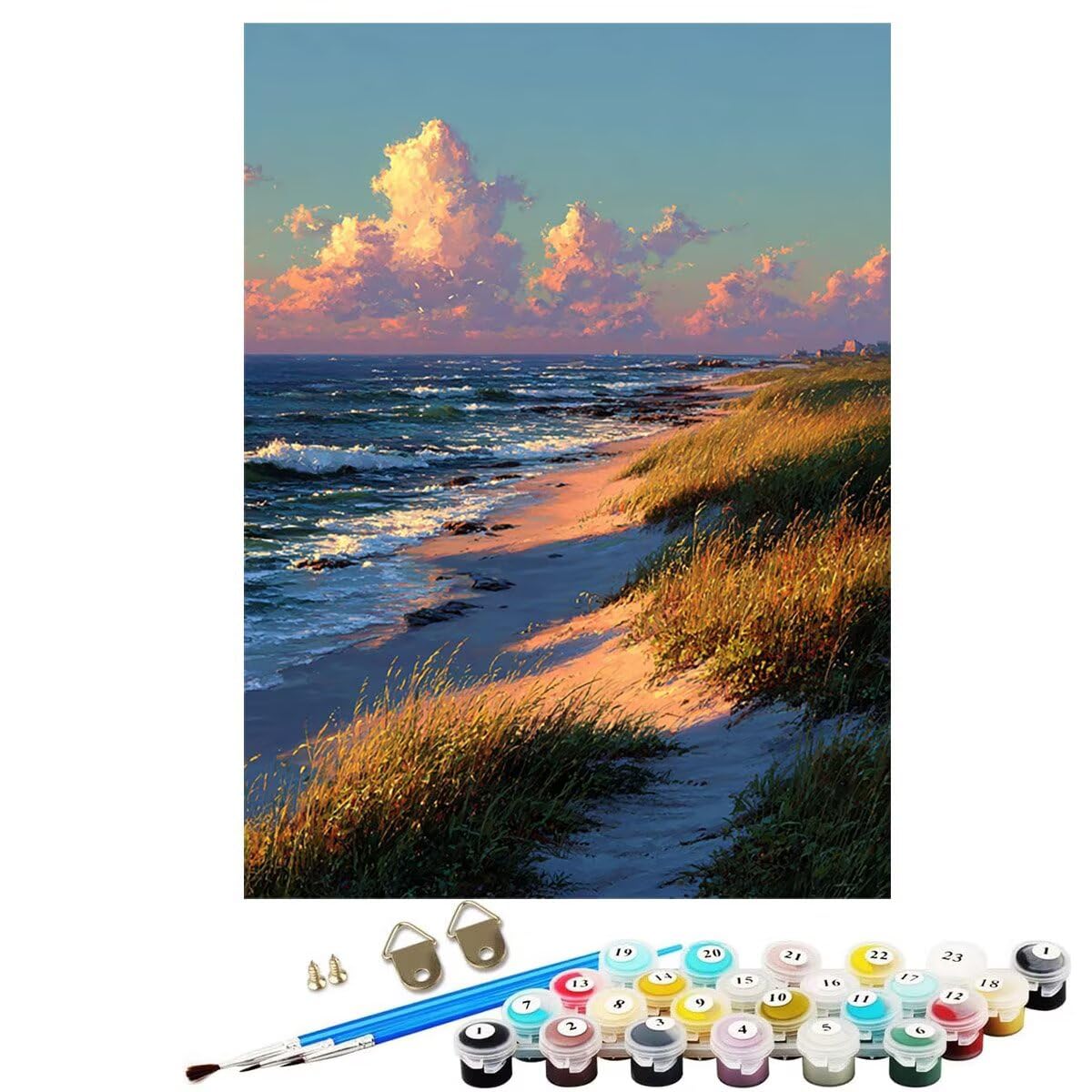 Landschaft Strand Malen Nach Zahlen Erwachsene, Paint by Numbers Adult Set, Heimwerk Malen Nach Zahlen Kinder Mit Rahmen, Pinsel und 36 Acrylfarbe für Deko Wohnzimmer Geschenke 60 x 80 cm BJHDK606
