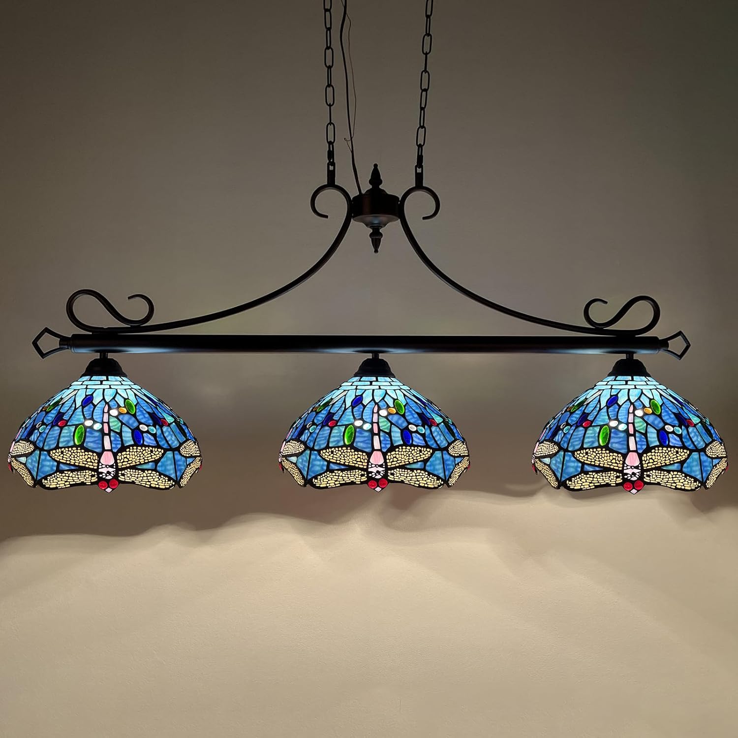 Capulina Tiffany Lamp Stained Glass Pool Table Light 3-Light 45 Inches Wide Antique Blue Dragonfly Tiffany Style Pendant Light Chandelier for Dining Room Kitchen Island Farmhouse Billiard