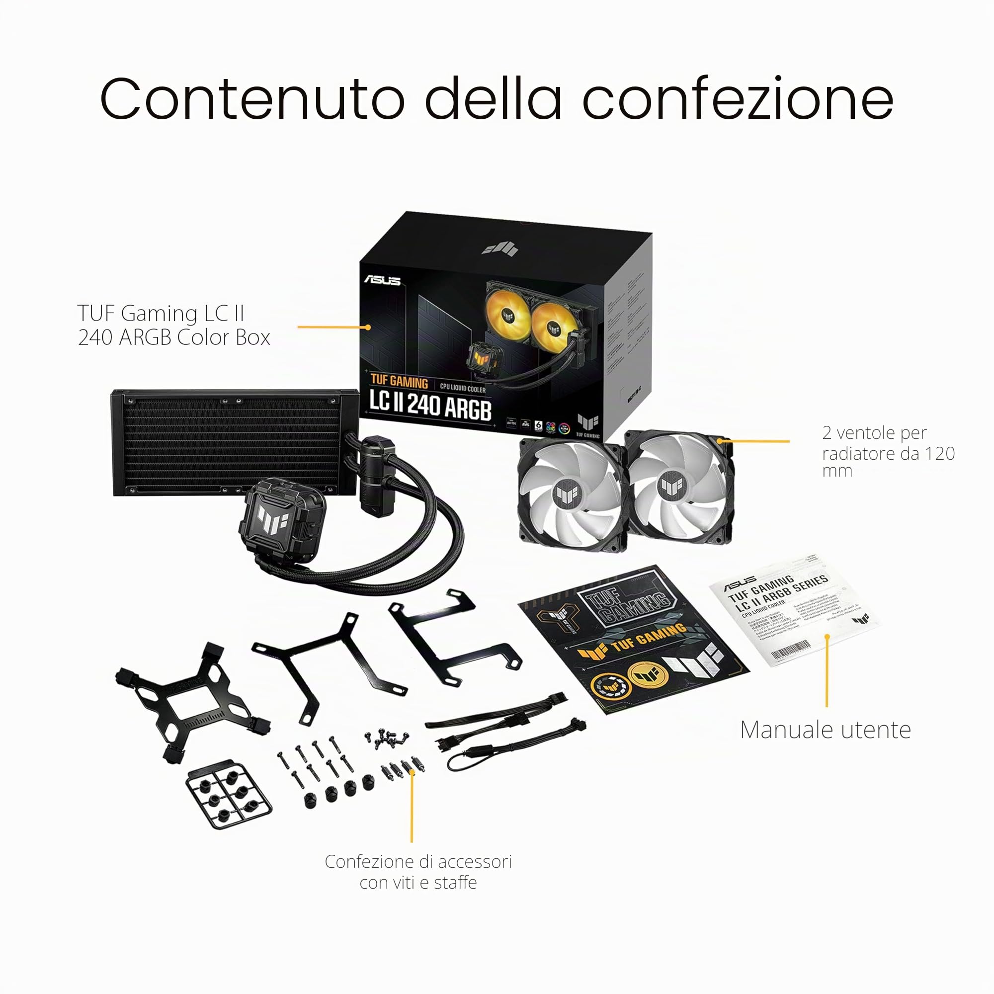 ASUS TUF GAMING LC II 240 ARGB, Dissipatore AIO a Liquido, Nero, 2 Ventole | Sistema di Raffeddamento della CPU, Ventole TUF Gaming ARGB da 120 mm, Aura Sync, Supporto Intel LGA 1700 e AMD AM5