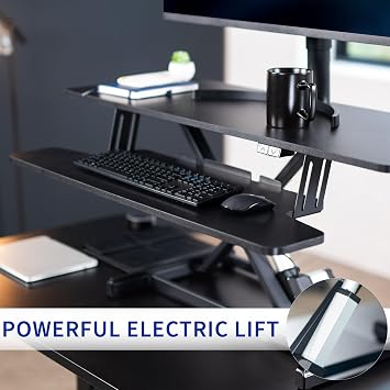 VIVO 107cm Electric Motor Desk Converter, Height Adjustable Riser, Sit to Stand Dual Monitor and Laptop Workstation with Wide Keyboard Tray, Black, DESK-VE42B