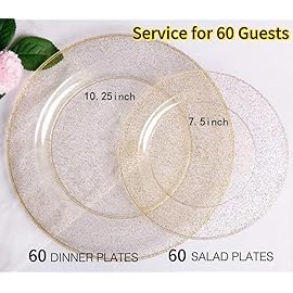 WDF 120PCS Gold Plastic Plates- Disposable Gold Glitter Plates, Premium Heavy Duty 60-10.25 Dinner Plate and 60-7.5 Salad Plate for Christmas Parties &Wedding