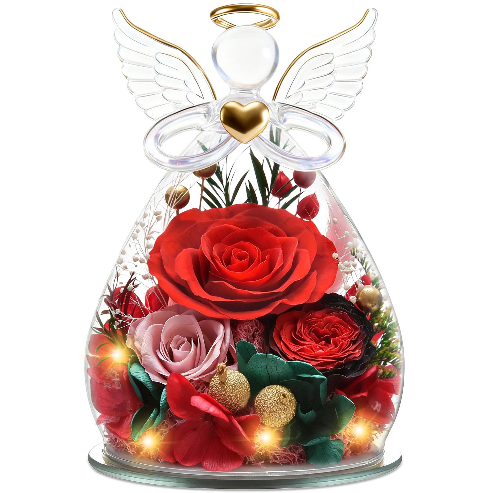 Figurine d'ange éternelle - Cadeau pour femme, maman, épouse - Anniversaire, Noël - Fleur éternelle avec éclairage LED (rouge et rose)