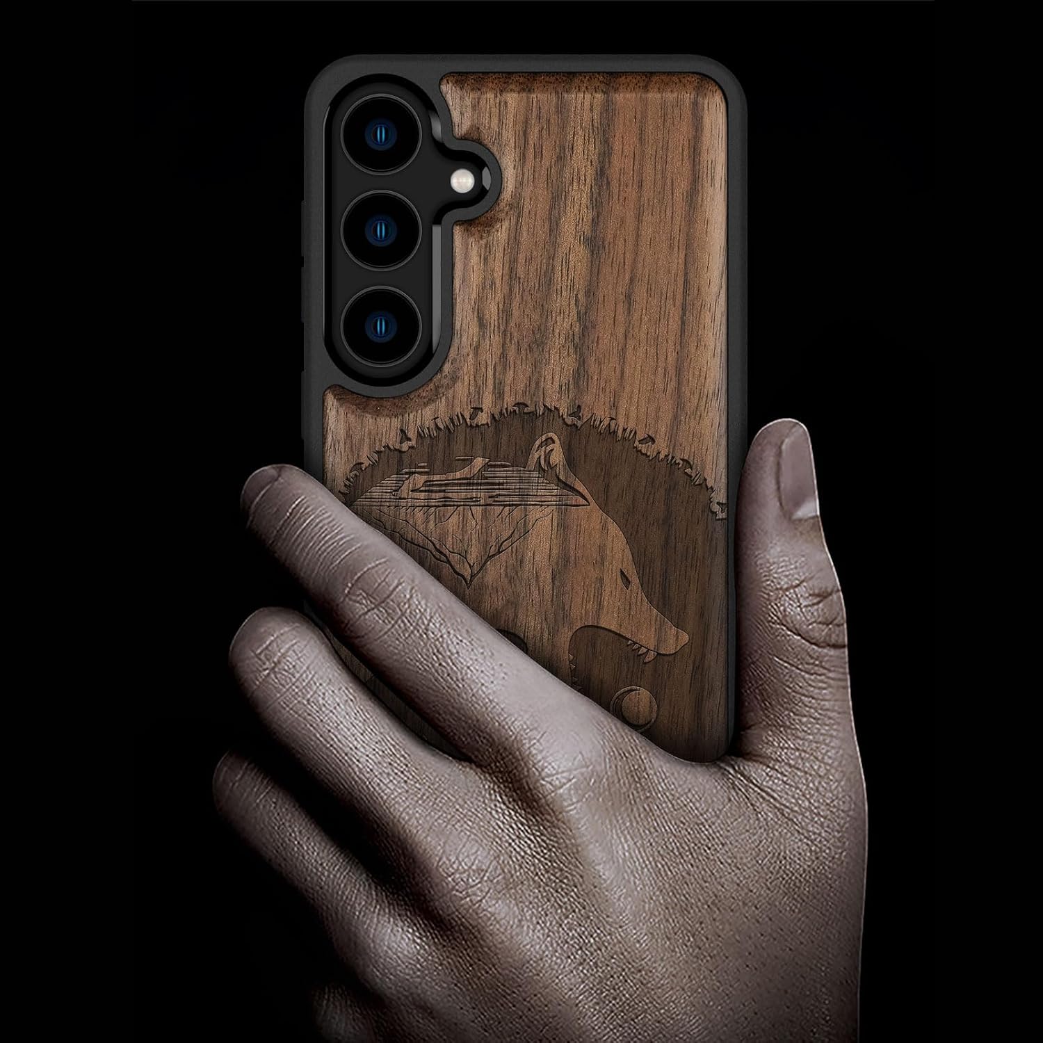 Carveit Wood Case for Galaxy S24 Case [Natural Wood & Black Soft TPU] Shockproof Protective Cover Unique Wooden Design Compatible with Samsung S24 (Yin Yang-Wolf-Walnut)
